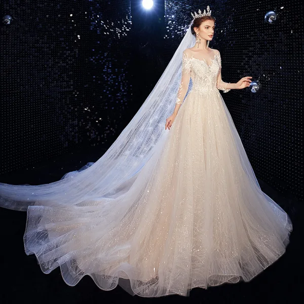 Charming Champagne Wedding Dresses 2020 A-Line / Princess Scoop Neck Beading Sequins Lace Flower 3/4 Sleeve Backless Court Train