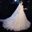 Charming Champagne Wedding Dresses 2020 A-Line / Princess Scoop Neck Beading Sequins Lace Flower 3/4 Sleeve Backless Court Train