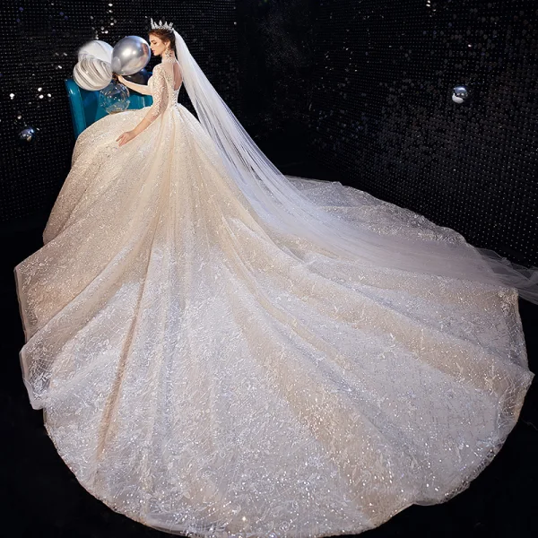 Luxury / Gorgeous Champagne Wedding Dresses 2020 Ball Gown High Neck Sequins Lace Flower Appliques 3/4 Sleeve Backless Royal Train
