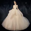 Luxury / Gorgeous Champagne Wedding Dresses 2020 Ball Gown Strapless Beading Lace Flower Sequins Sleeveless Backless Cascading Ruffles Royal Train