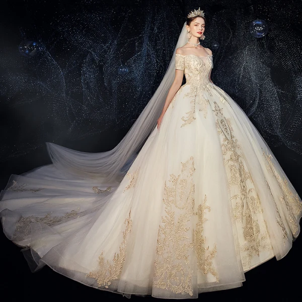 Luxury / Gorgeous Champagne Wedding Dresses 2020 Ball Gown Off-The-Shoulder Beading Sequins Lace Flower Short Sleeve Backless Royal Train