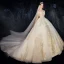 Luxury / Gorgeous Champagne Wedding Dresses 2020 Ball Gown Off-The-Shoulder Beading Sequins Lace Flower Short Sleeve Backless Royal Train