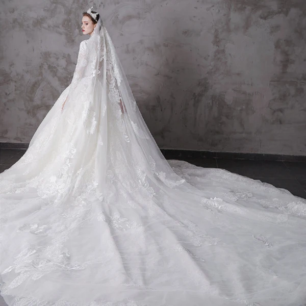 High-end Ivory Wedding Dresses 2020 A-Line / Princess V-Neck Beading Pearl Rhinestone Sequins Lace Flower 3/4 Sleeve Royal Train