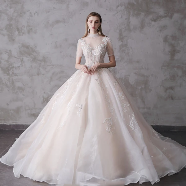High-end Champagne Wedding Dresses 2020 Ball Gown High Neck Beading Sequins Lace Flower Short Sleeve Backless Royal Train