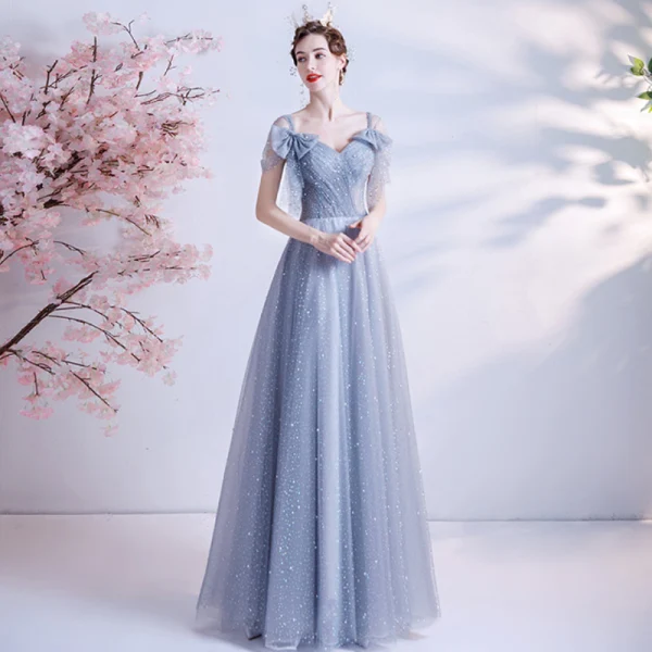 Fashion Silver Prom Dresses 2021 A-Line / Princess Square Neckline Rhinestone Bow Short Sleeve Backless Floor-Length / Long Formal Dresses