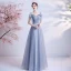 Fashion Silver Prom Dresses 2021 A-Line / Princess Square Neckline Rhinestone Bow Short Sleeve Backless Floor-Length / Long Formal Dresses