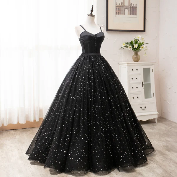 Elegant Black Prom Dresses 2020 A-Line / Princess Spaghetti Straps Star Sequins Sleeveless Backless Floor-Length / Long Formal Dresses