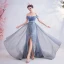 Fashion Sky Blue Evening Dresses  2020 A-Line / Princess Off-The-Shoulder Beading Crystal Glitter Appliques Sleeveless Backless Sweep Train Formal Dresses