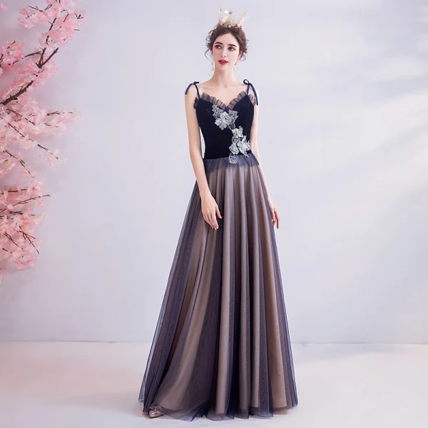 Classy Dark Green Prom Dresses 2020 A-Line / Princess Spaghetti Straps Pearl Rhinestone Lace Flower Sleeveless Backless Floor-Length / Long Formal Dresses