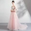 Flower Fairy Blushing Pink Prom Dresses 2020 A-Line / Princess Scoop Neck Lace Flower Appliques 3/4 Sleeve Backless Court Train Formal Dresses