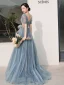 Fashion Sky Blue Prom Dresses Evening Dresses  2021 A-Line / Princess U-Neck Beading Rhinestone Short Sleeve Backless Floor-Length / Long Formal Dresses