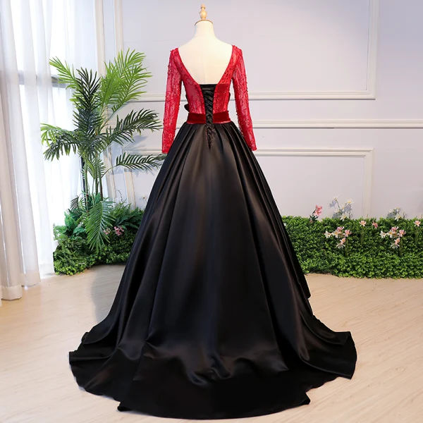 Elegant Black Prom Dresses 2018 Ball Gown Beading Bow Scoop Neck Backless Long Sleeve Sweep Train Formal Dresses