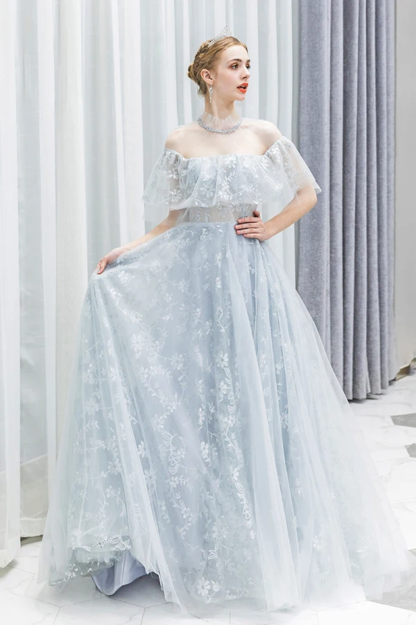 Mode Argenté Robe De Soirée 2020 Princesse Encolure Dégagée Paillettes En Dentelle Fleur 1/2 Manches Dos Nu Longue Robe De Ceremonie