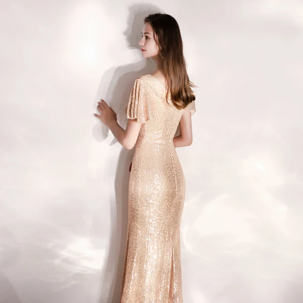 Sparkly Champagne Evening Dresses 2019 A-Line / Princess V-Neck Sequins Short Sleeve Floor-Length / Long Formal Dresses