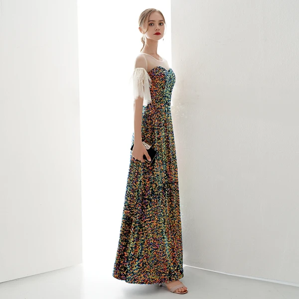 Charmant Multi-Couleurs Robe De Soirée 2019 Princesse Encolure Dégagée Paillettes 1/2 Manches Dos Nu Longue Robe De Ceremonie