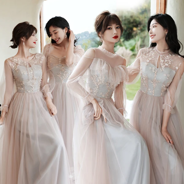 Fashion Blushing Pink Bridesmaid Dresses 2021 A-Line / Princess Scoop Neck Lace Flower Appliques 3/4 Sleeve Backless Floor-Length / Long Wedding Party Dresses