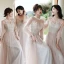 Fashion Blushing Pink Bridesmaid Dresses 2021 A-Line / Princess Scoop Neck Lace Flower Appliques 3/4 Sleeve Backless Floor-Length / Long Wedding Party Dresses