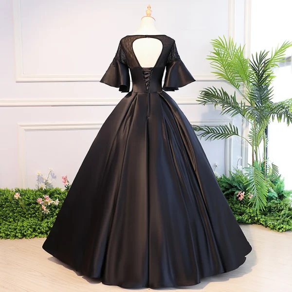 Elegant Black Quinceañera Prom Dresses 2018 Ball Gown Lace Flower Beading Crystal Scoop Neck Backless 1/2 Sleeves Floor-Length / Long Formal Dresses