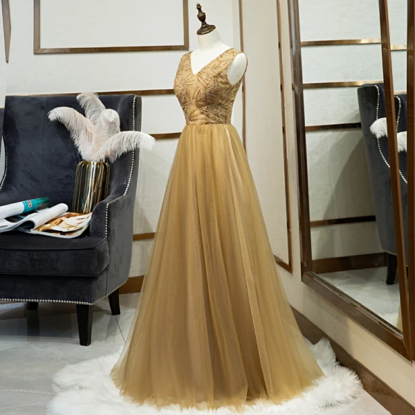 Élégant Doré Robe De Soirée 2019 Princesse V-Cou Perlage En Dentelle Paillettes Sans Manches Dos Nu Longue Robe De Ceremonie