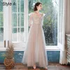 Modest / Simple Blushing Pink Bridesmaid Dresses 2021 A-Line / Princess V-Neck Lace Flower Appliques Short Sleeve Backless Floor-Length / Long Wedding Party Dresses