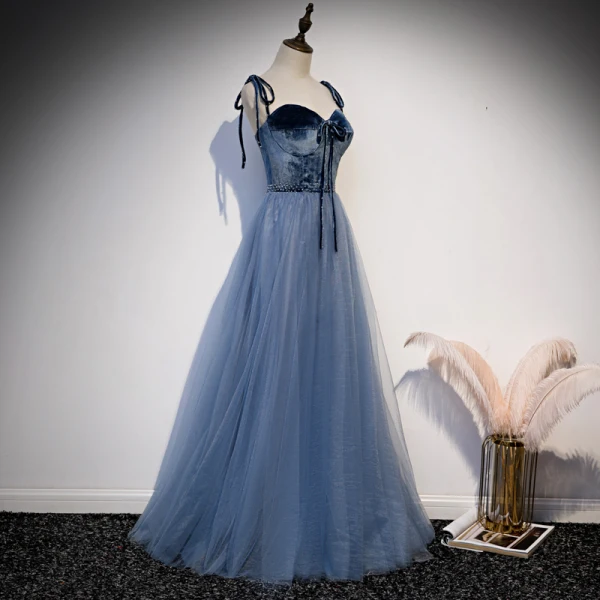 Classy Ocean Blue Prom Dresses 2020 A-Line / Princess Spaghetti Straps Bow Suede Sleeveless Backless Floor-Length / Long Formal Dresses