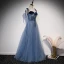 Classy Ocean Blue Prom Dresses 2020 A-Line / Princess Spaghetti Straps Bow Suede Sleeveless Backless Floor-Length / Long Formal Dresses