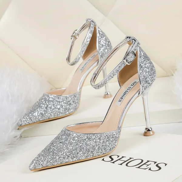 Charming Rose Gold Evening Party Womens Shoes 2020 Ankle Strap Sequins 9 cm Stiletto Heels Pointed Toe High Heels