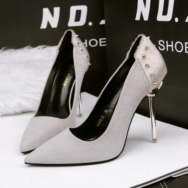 Stilig Brun Casual Pumps 2019 Mocka Nit 10 cm Stilettklackar Spetsiga Pumps