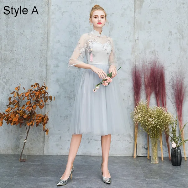 Chinese style Grey Embroidered Bridesmaid Dresses 2021 A-Line / Princess High Neck Short Sleeve Backless Tea-length Bridesmaid Wedding Party Dresses