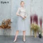Chinese style Grey Embroidered Bridesmaid Dresses 2021 A-Line / Princess High Neck Short Sleeve Backless Tea-length Bridesmaid Wedding Party Dresses