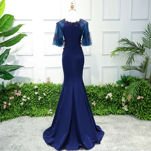 Chic / Belle Bleu Roi Robe De Soirée 2018 Trompette / Sirène En Dentelle Fleur Appliques Perlage Paillettes Encolure Dégagée 1/2 Manches Train De Balayage Robe De Ceremonie