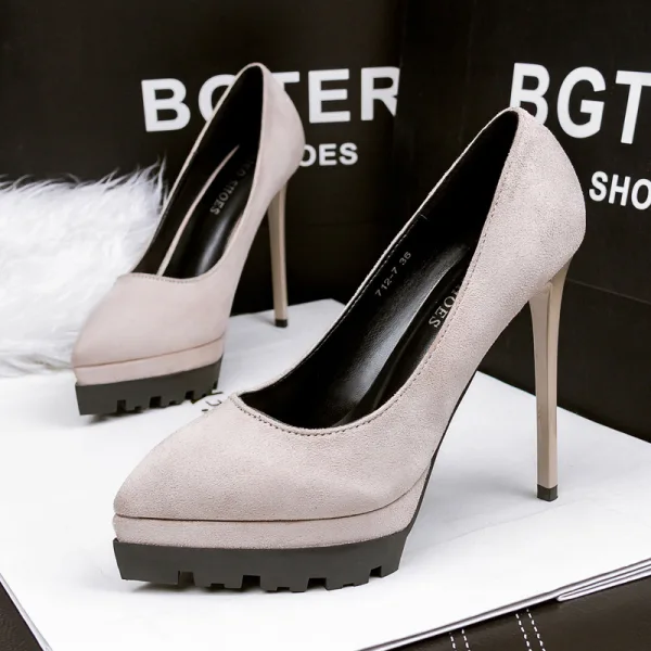 Stilig Kaki Kontors Pumps 2019 Mocka 12 cm Stilettklackar Spetsiga Pumps