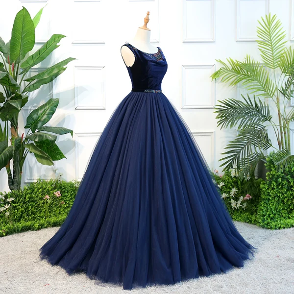 Vintage / Retro Royal Blue Quinceañera Prom Dresses 2018 Ball Gown Beading Sequins Crystal Sash Suede Scoop Neck Backless Sleeveless Floor-Length / Long