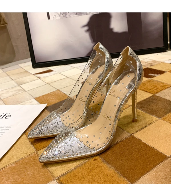 Sexy Transparent Silber Abend Strass Pumps 2021 10 cm Stilettos Spitzschuh Pumps Hochhackige