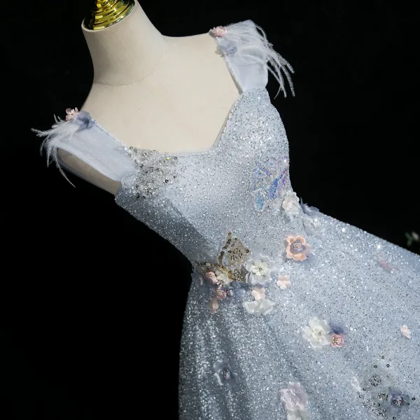 Charming Sky Blue Beading Sequins Appliques Prom Dresses 2025 Ball Gown Square Neckline Sleeveless Backless Floor-Length / Long Prom Formal Dresses