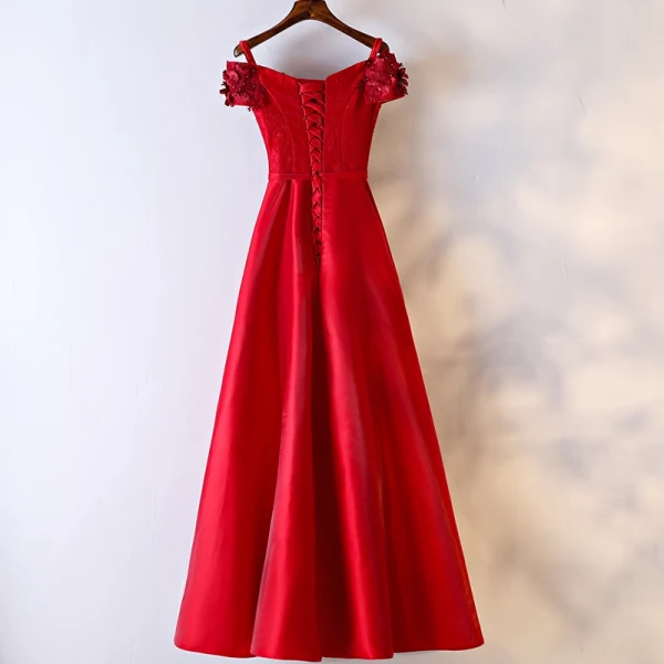 Chic / Beautiful Red Formal Dresses Evening Dresses 2017 Lace Flower Bow Pearl Shoulders Short Sleeve Floor-Length / Long A-Line / Princess Artificial Flowers