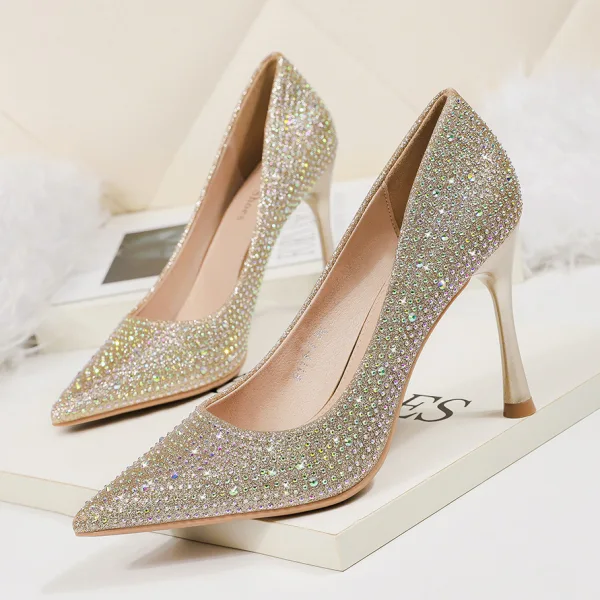 Charmant Champagne Soirée Escarpins 2020 Faux Diamant Paillettes 9 cm Talons Aiguilles À Bout Pointu Escarpins