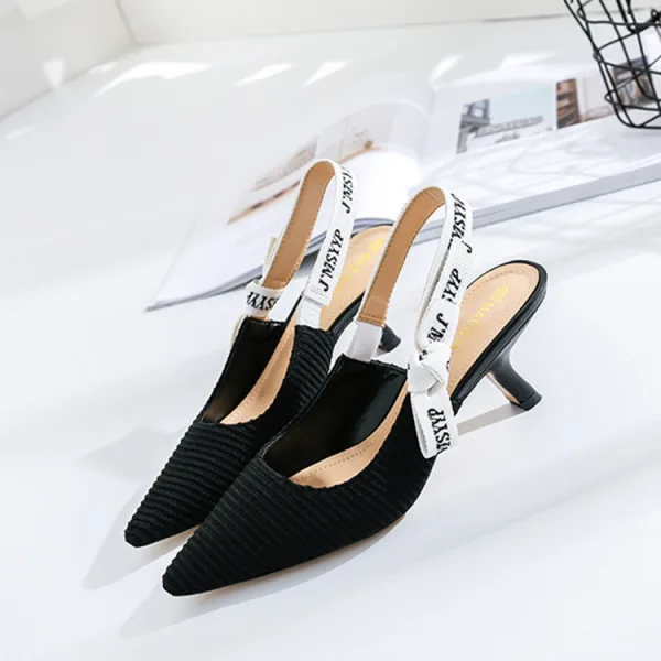 Simple Noire Désinvolte Tresser Sandales Femme 2020 Noeud 5 cm Talons Aiguilles À Bout Pointu Sandales