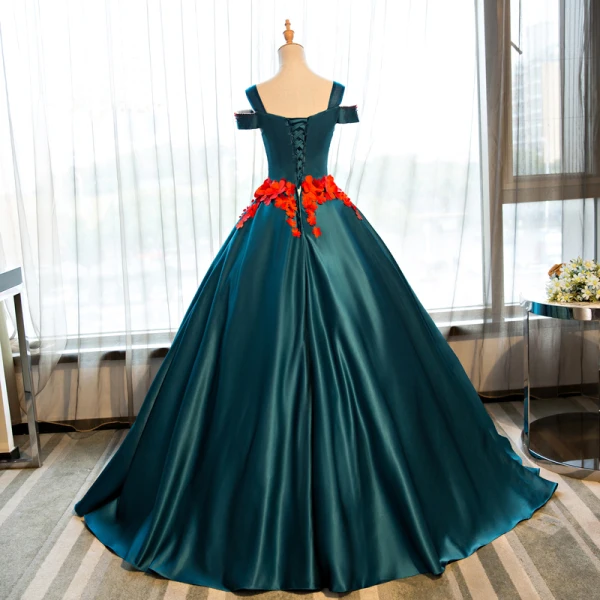 Vintage / Retro Dark Green Quinceañera Prom Dresses 2018 Ball Gown Appliques Crystal V-Neck Backless Sleeveless Floor-Length / Long Formal Dresses