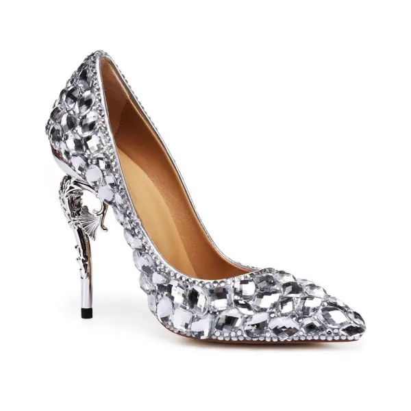 Charmant Argenté Chaussure De Mariée 2020 Faux Diamant 11 cm Talons Aiguilles À Bout Pointu Mariage Escarpins