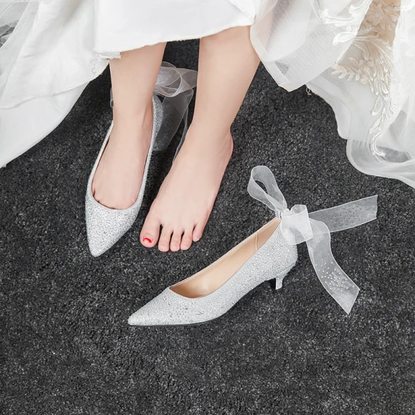 Fashion Silver Wedding Shoes 2020 Bow Rhinestone 3 cm Stiletto Heels Low Heel Pointed Toe Wedding Pumps