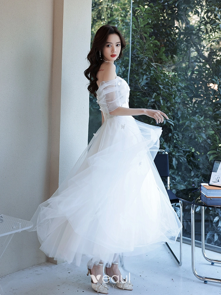 Simple White Tulle Wedding Dresses Beach Off the Shoulder Bridal Gown