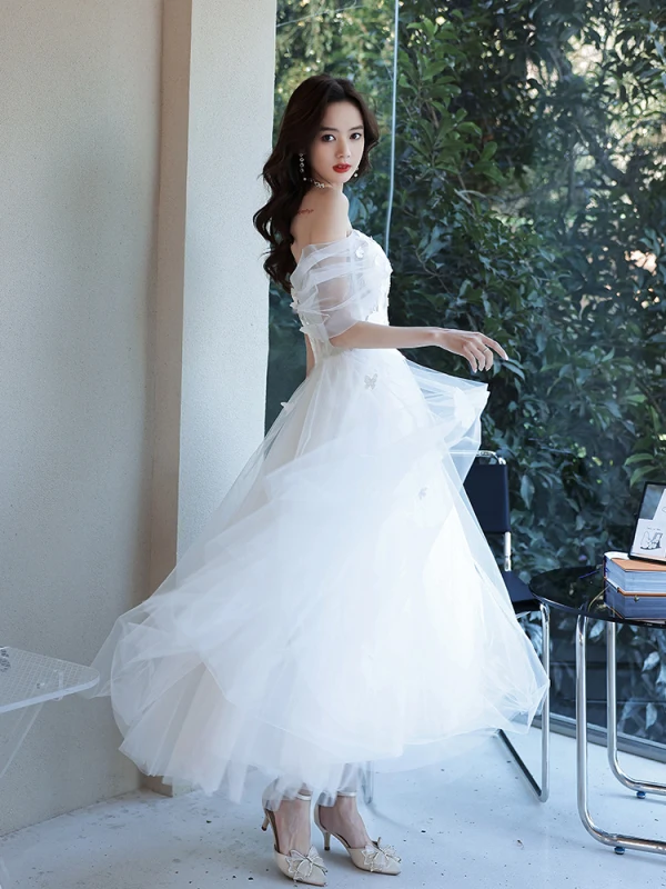 Simple Blanche En Dentelle Fleur Plage Robe De Mariée 2021 Princesse De l'épaule Manches Courtes Dos Nu Longue