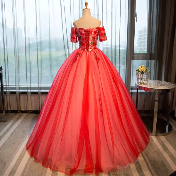 Elegant Vannmelon Quinceañera Ballkjoler 2018 Ballkjole Printing Kjæreste Ryggløse Korte Ermer Lange Formelle Kjoler