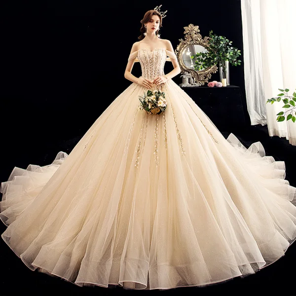 Charming Champagne Wedding Dresses 2020 Ball Gown Off-The-Shoulder Sequins Lace Flower Sleeveless Backless Chapel Train