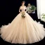 Charming Champagne Wedding Dresses 2020 Ball Gown Off-The-Shoulder Sequins Lace Flower Sleeveless Backless Chapel Train
