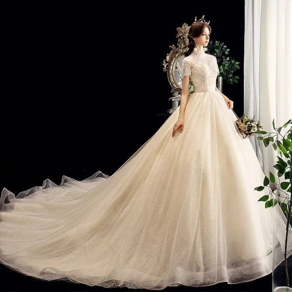 Vintage / Retro Champagne Wedding Dresses 2020 A-Line / Princess High Neck Beading Pearl Lace Short Sleeve Backless Chapel Train