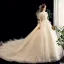 Vintage / Retro Champagne Wedding Dresses 2020 A-Line / Princess High Neck Beading Pearl Lace Short Sleeve Backless Chapel Train
