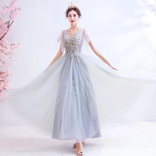 Elegant Grey Evening Dresses  2020 A-Line / Princess V-Neck Pearl Rhinestone Lace Flower Short Sleeve Backless Floor-Length / Long Formal Dresses