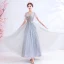 Elegant Grey Evening Dresses  2020 A-Line / Princess V-Neck Pearl Rhinestone Lace Flower Short Sleeve Backless Floor-Length / Long Formal Dresses